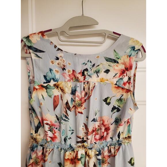 Women's Tribal Jeans Blue Floral Viscose V-Neck Knee Length Dress | Size Small - Picture 8 of 12